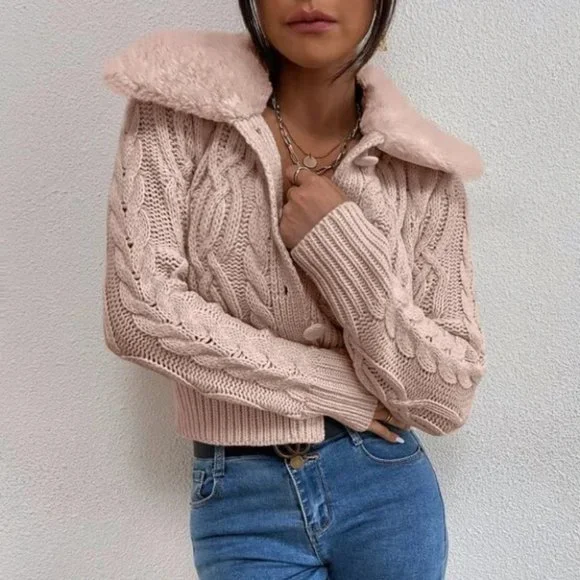 PINK TEDDY COLLAR BUTTON DOWN CABLE KNIT CARDIGAN - Picture 4 of 6